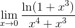 \displaystyle\lim_{x\to 0}\frac{\ln(1+x^3)}{x^4+x^3}